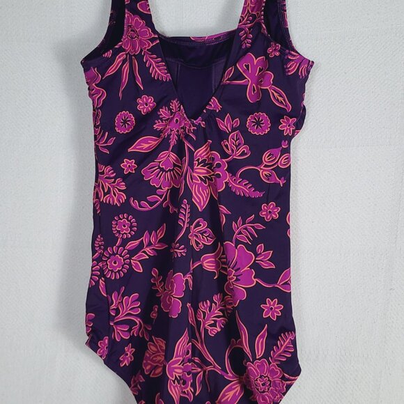 Lands End Purple Pink Floral Nylon Span Poly Scoop Neck One Piece Suit Size 10 - Picture 8 of 16